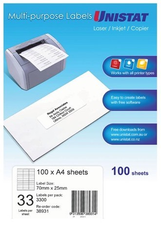 Unistat Labels 33Up 70x25mm 100 Shts / Box Laser/Inkjet/Copier